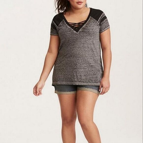 Torrid Women's Black Burnout V-neck Short Sleeve Pullover Top - Picture 3 of 13